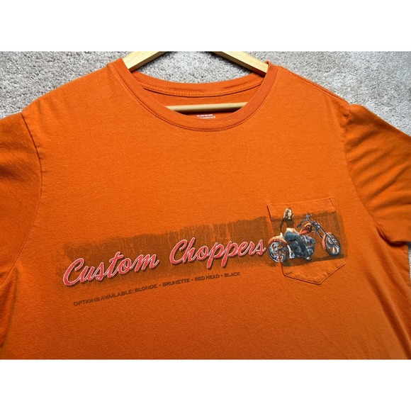 Y2K Retro Custom Choppers Motorcycle Graphic Pocket T Shirt Orange Mens XL - Picture 5 of 9